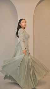 Exclusive Sage Green Dress with Jewel Embellishment & Lace Bodice
