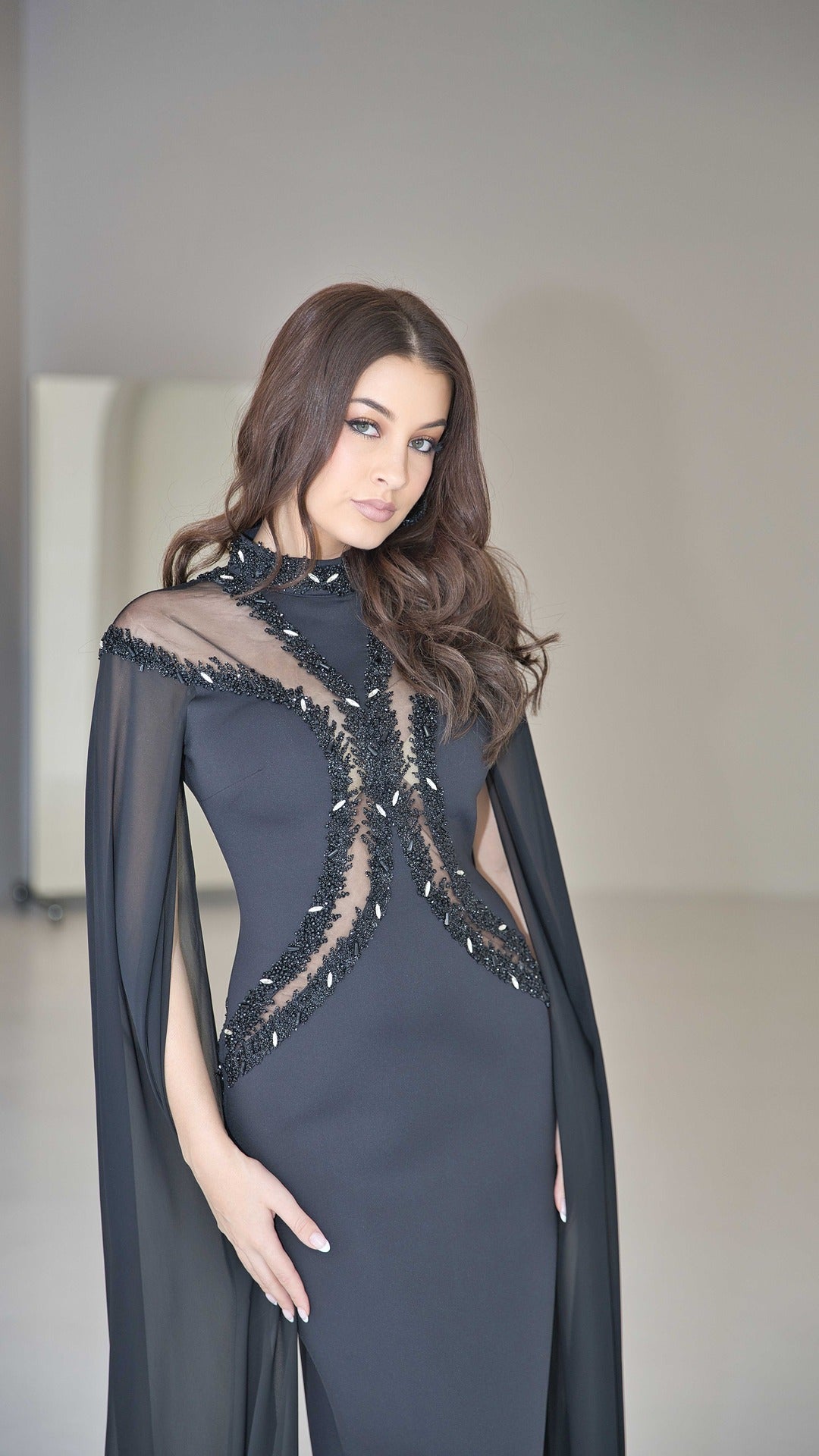 Exclusive Black Evening Dress with Cape Sleeves and Rhinestones.