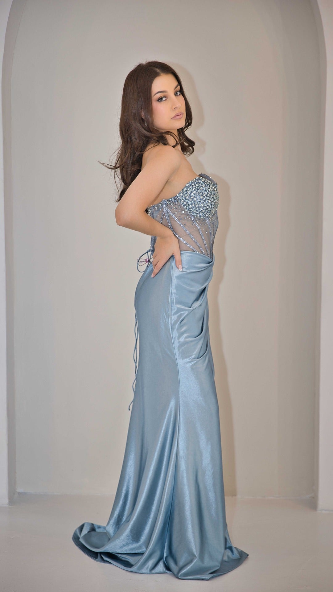 Ice Blue Evening Gown with Jewel Embellishment & built in Corset