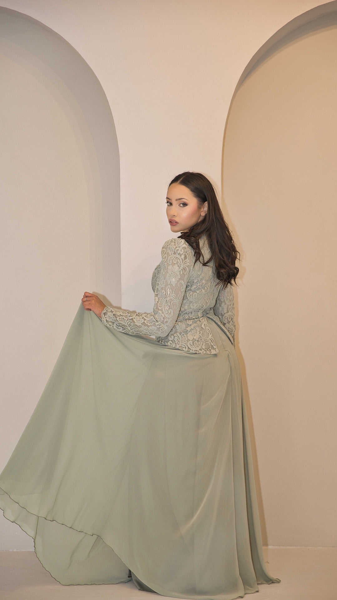 Exclusive Sage Green Dress with Jewel Embellishment & Lace Bodice