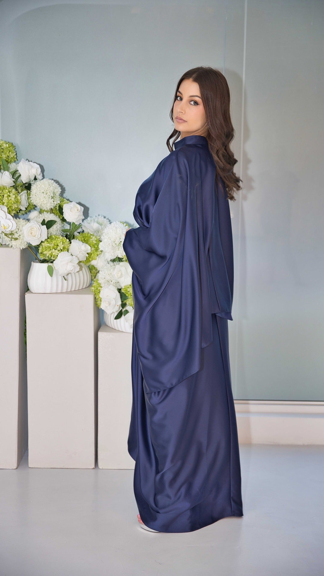 Navy Satin Dress with Bat-wing Sleeves