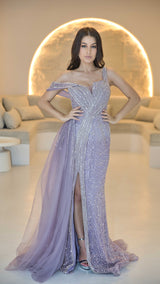 Lavender Haute Couture Designer Evening Gown with Hand-beadwork