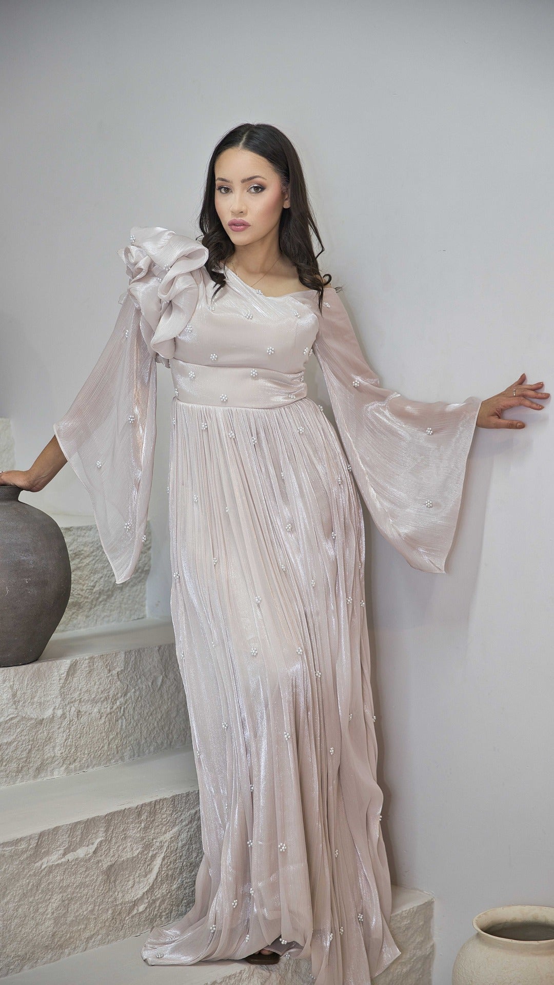 Exclusive Liquid Chiffon dress with Floral Pearl Detail and Ruffled Sleeve design