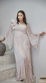 Exclusive Liquid Chiffon dress with Floral Pearl Detail and Ruffled Sleeve design