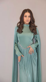 Exclusive Liquid Chiffon Cape Sleeve dress with Jewel detail on waistline