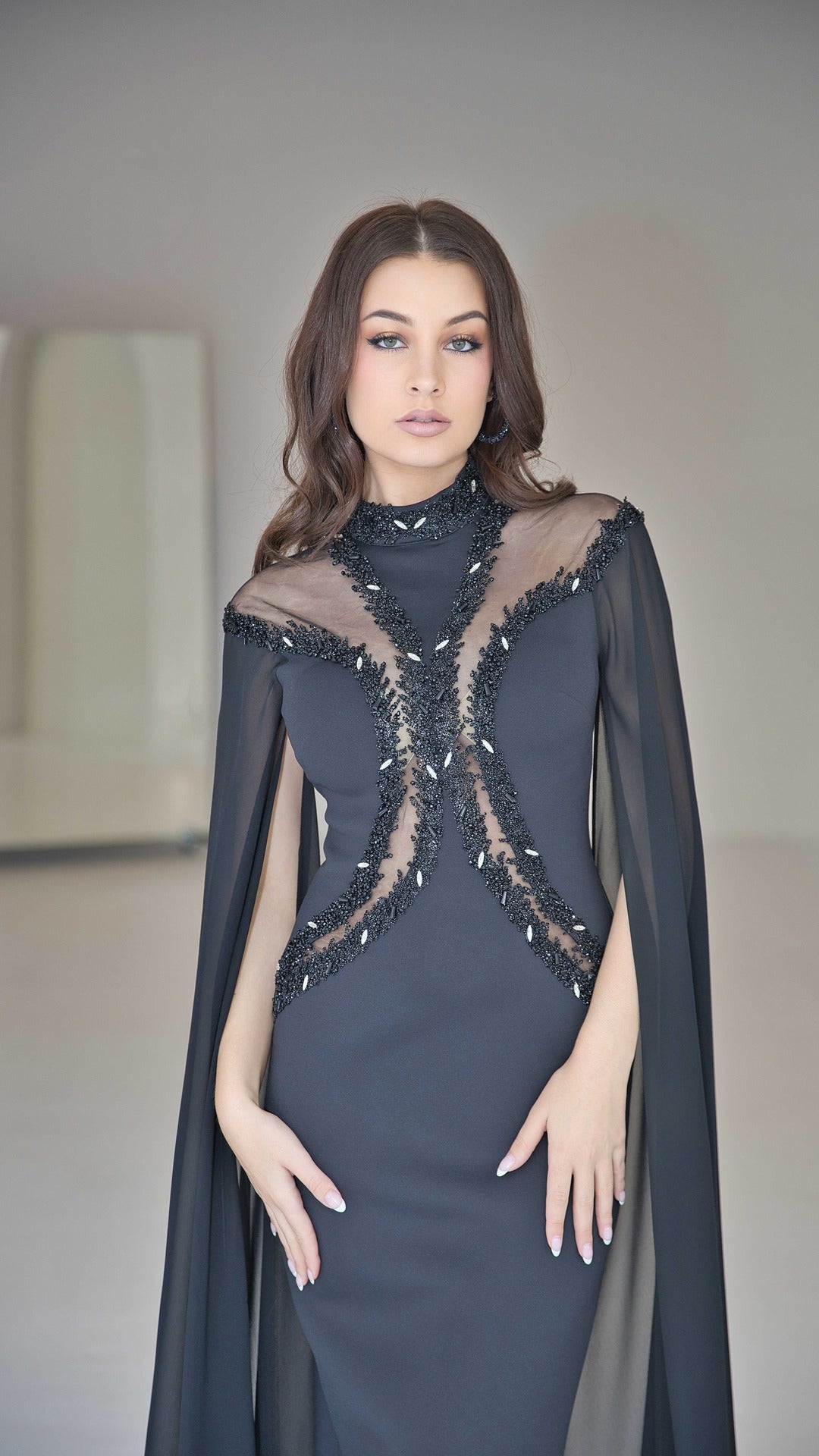 Exclusive Black Evening Dress with Cape Sleeves and Rhinestones.