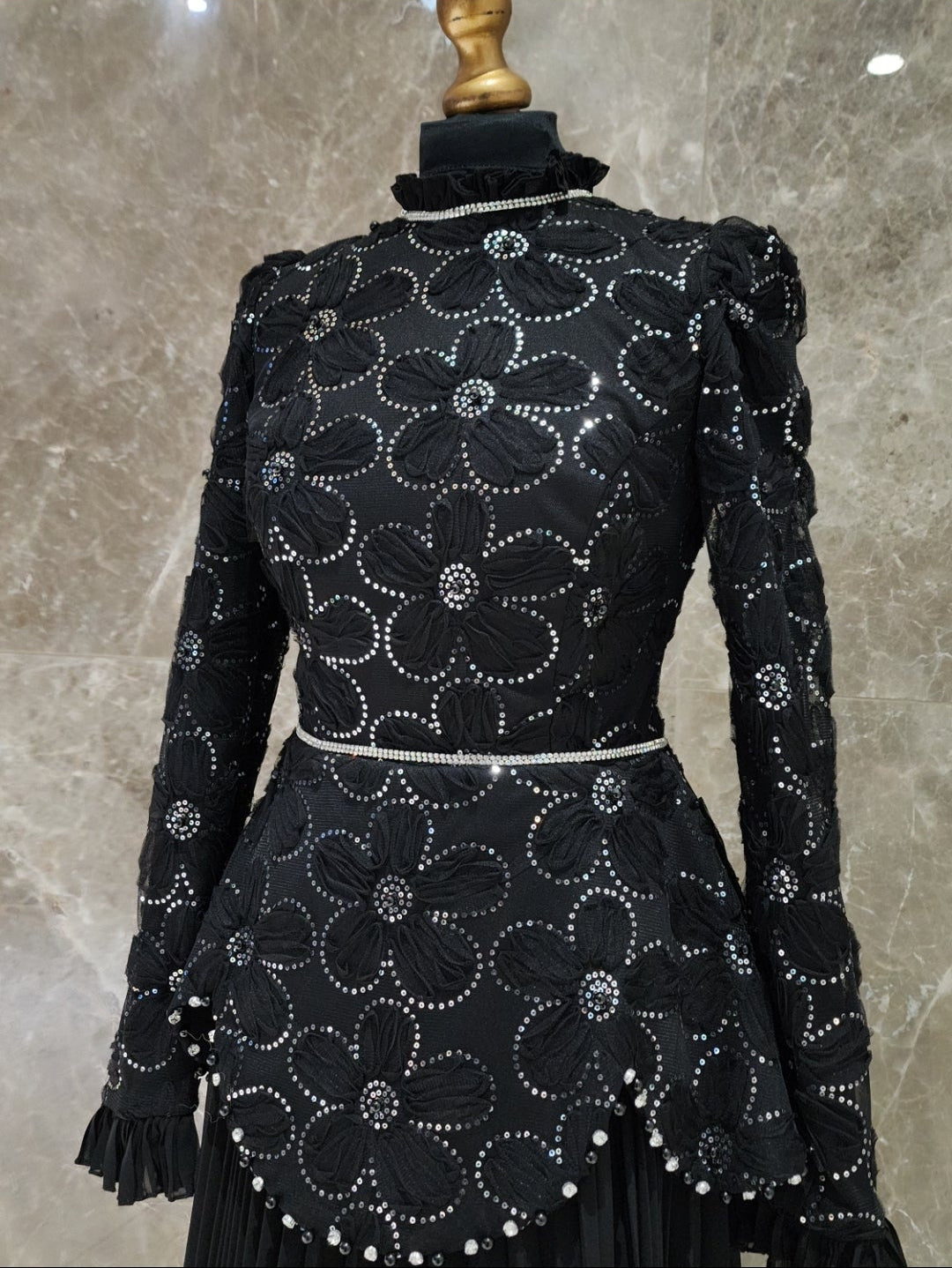 Exclusive Black Dress with floral Design & diamantè belt