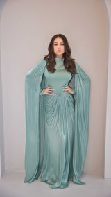 Exclusive Liquid Chiffon Cape Sleeve dress with Jewel detail on waistline