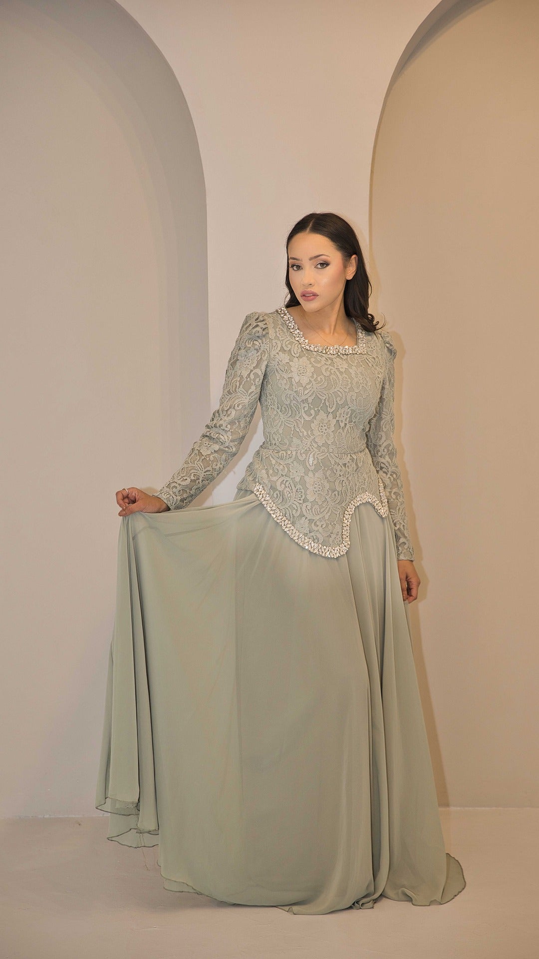 Exclusive Sage Green Dress with Jewel Embellishment & Lace Bodice