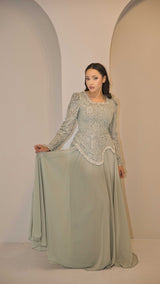 Exclusive Sage Green Dress with Jewel Embellishment & Lace Bodice