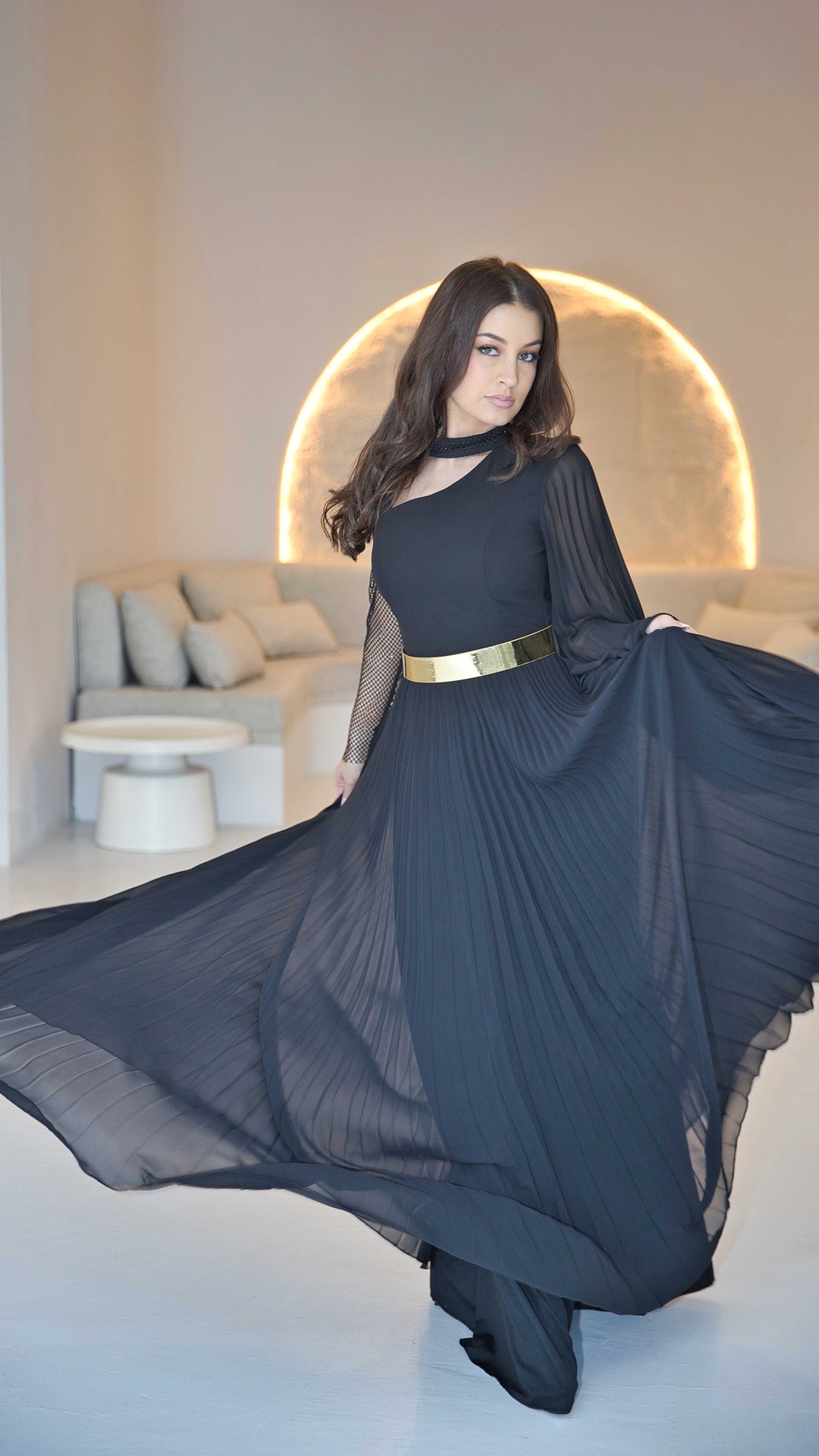 Exclusive Black Soft Chiffon Dress and Mesh Rhinestone Sleeve