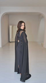 Exclusive Black Evening Dress with Cape Sleeves and Rhinestones.