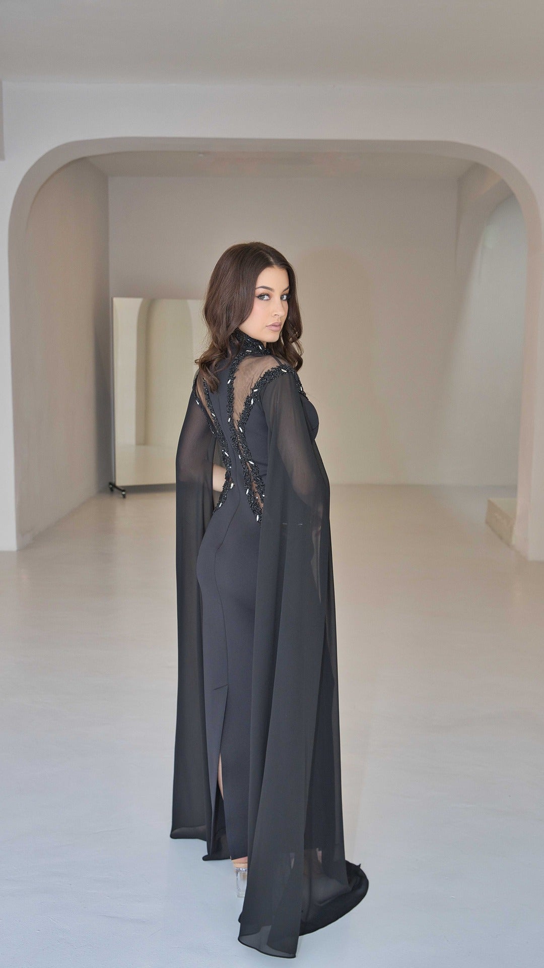 Exclusive Black Evening Dress with Cape Sleeves and Rhinestones.