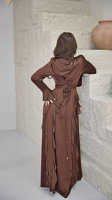 Luxury Brown Silk Satin dress with Chiffon Frills