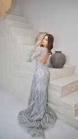 Haute Couture Grey Evening Gown with Embroidery & Hand-Beaded Detail