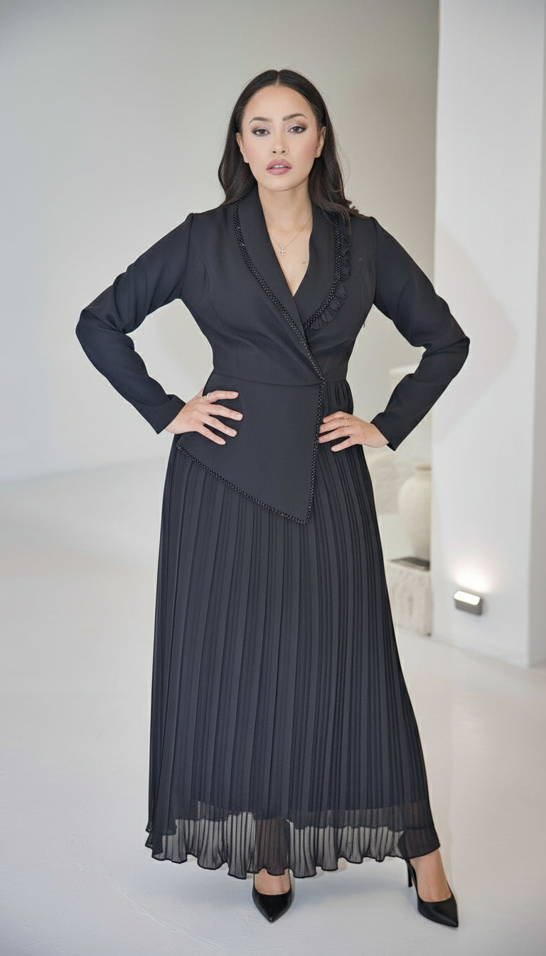 Exclusive Black Dress with Beaded Bodice and Frill Detail on Neckline