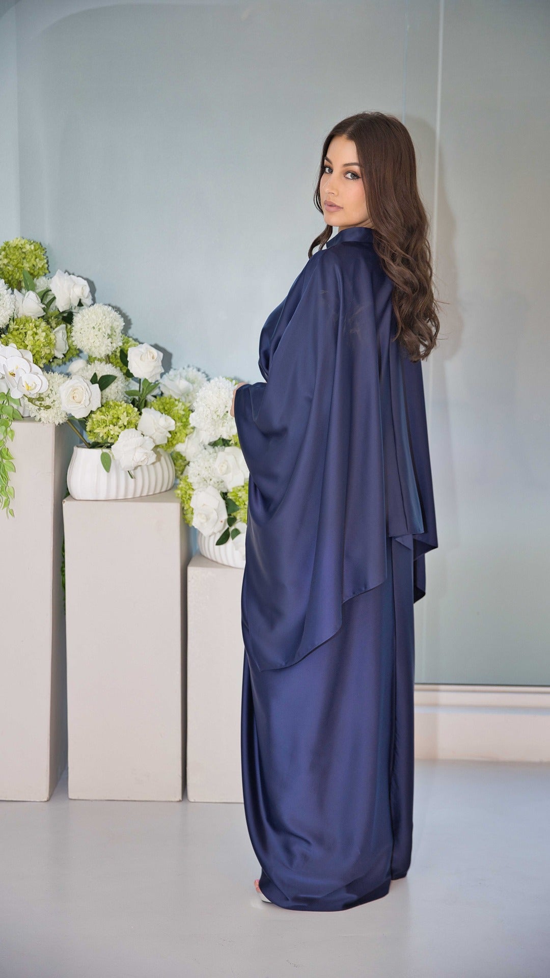 Navy Satin Dress with Bat-wing Sleeves