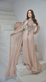 Exclusive Beaded Appliquè Dress with one shoulder Cape Sleeve