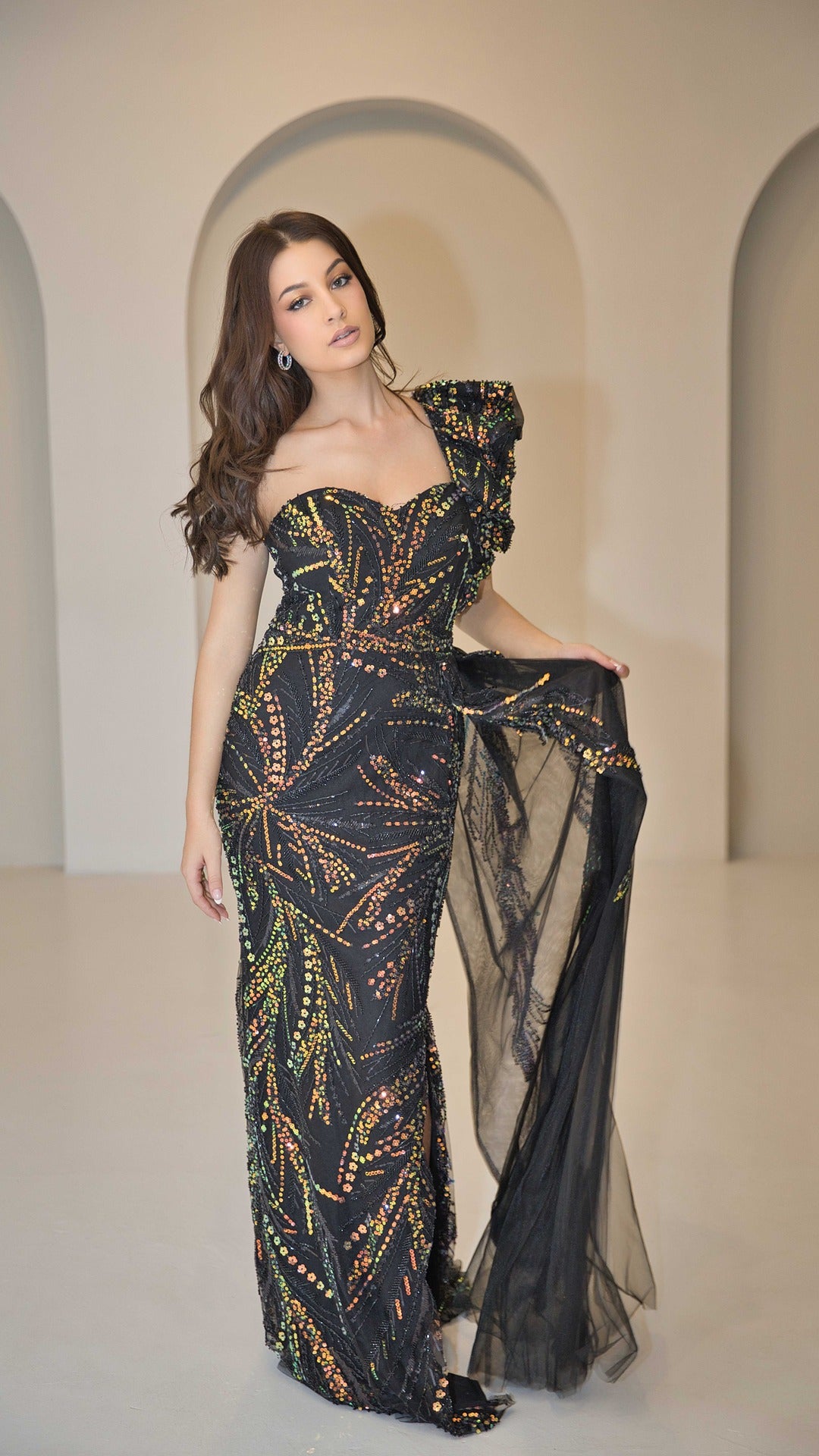 Exclusive Evening Dress with Multi-Colour Sequin Detail.