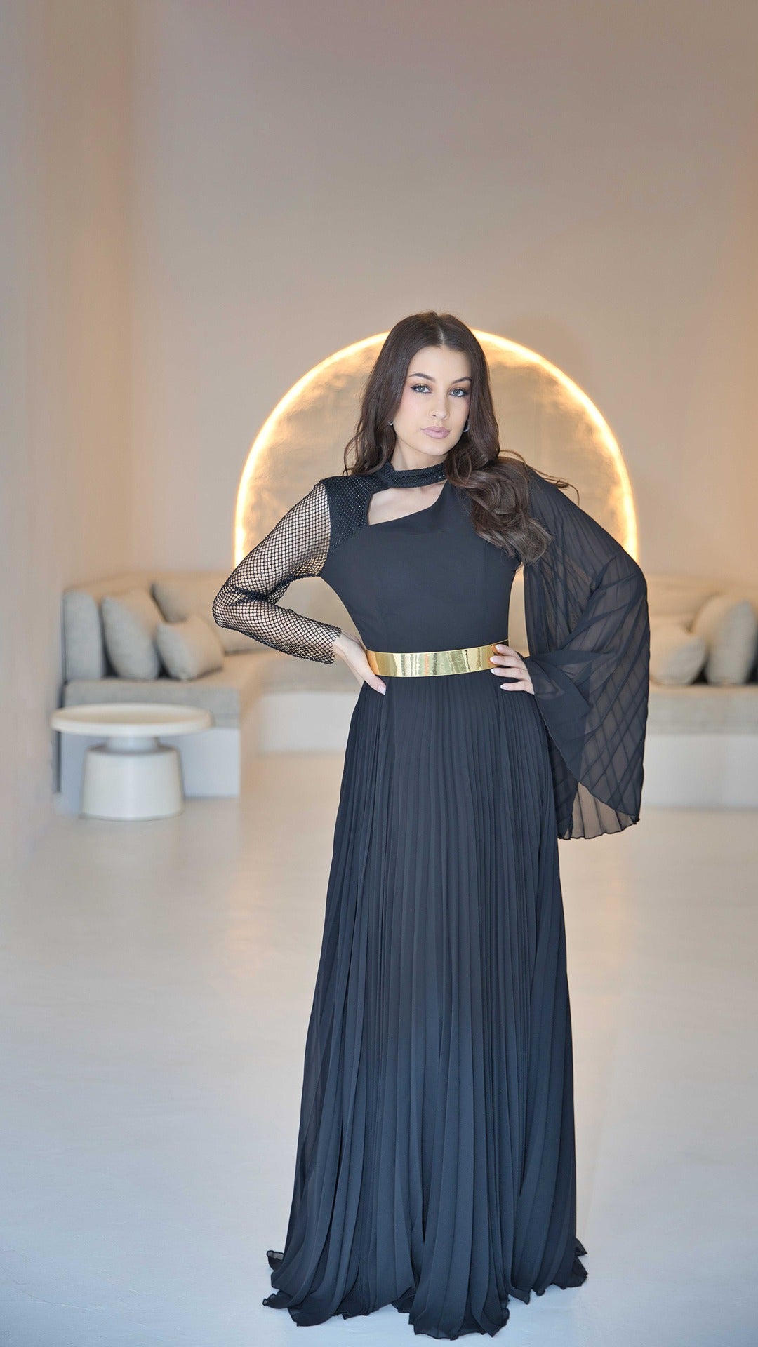 Exclusive Black Soft Chiffon Dress and Mesh Rhinestone Sleeve