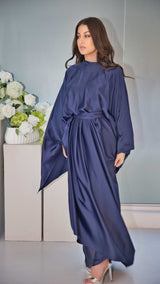 Navy Satin Dress with Bat-wing Sleeves