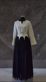 Exclusive Cream & Black Peplum Design Dress with Belt