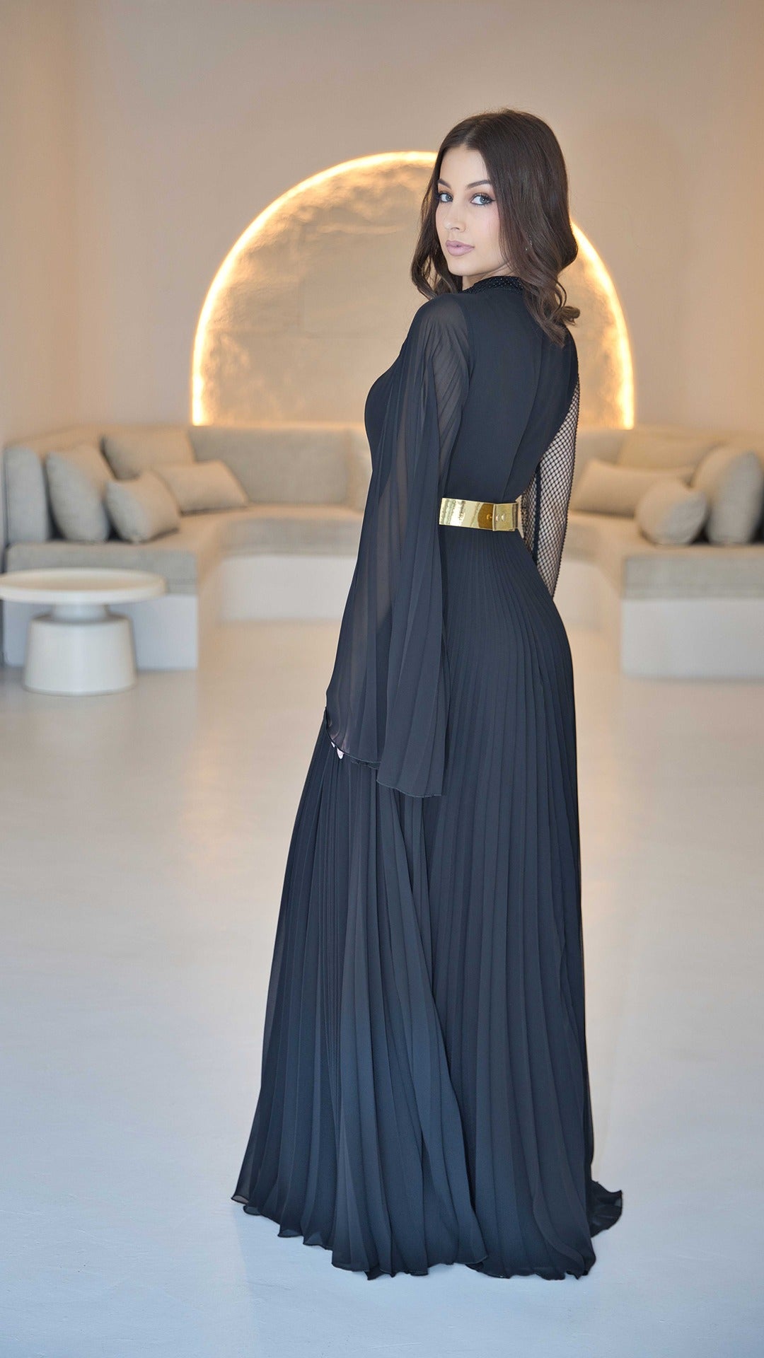 Exclusive Black Soft Chiffon Dress and Mesh Rhinestone Sleeve