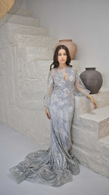 Haute Couture Grey Evening Gown with Embroidery & Hand-Beaded Detail