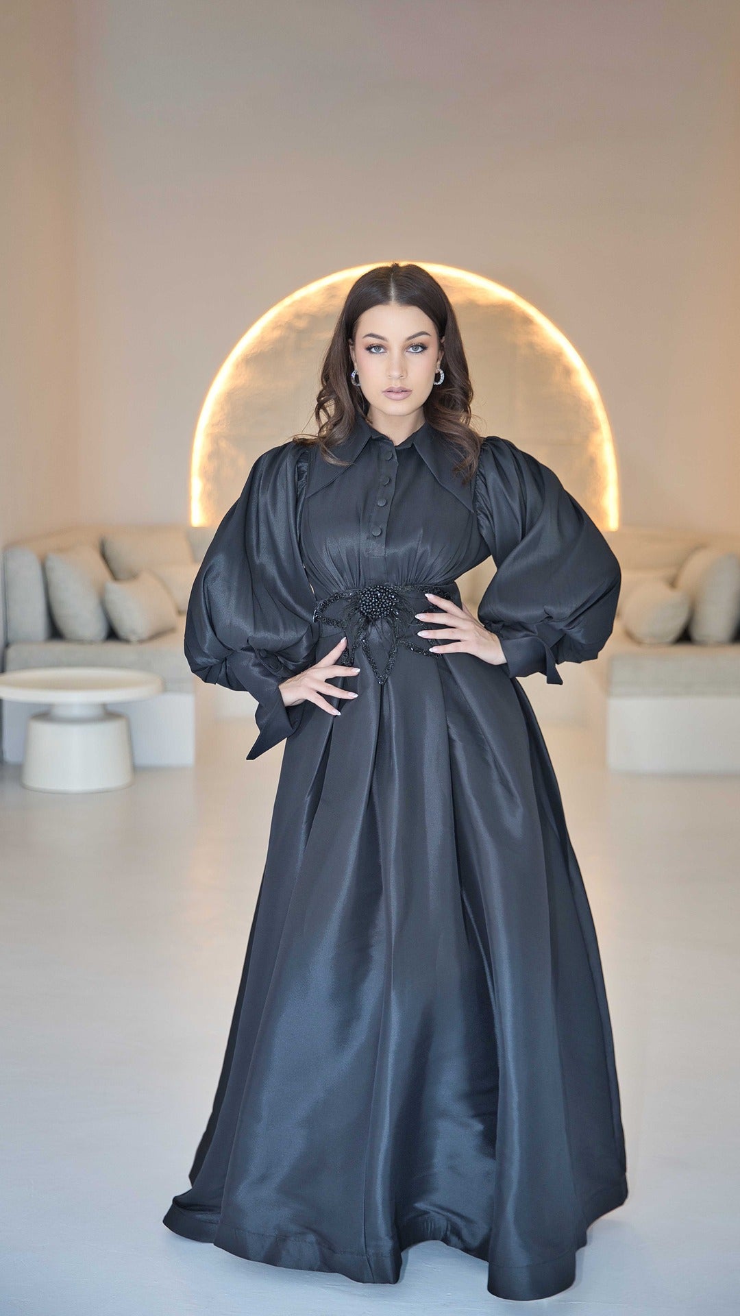 Exclusive Black Organza Dress with Beaded & Feather Appliquè on Waistline