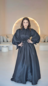 Exclusive Black Organza Dress with Beaded & Feather Appliquè on Waistline