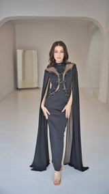 Exclusive Black Evening Dress with Cape Sleeves and Rhinestones.
