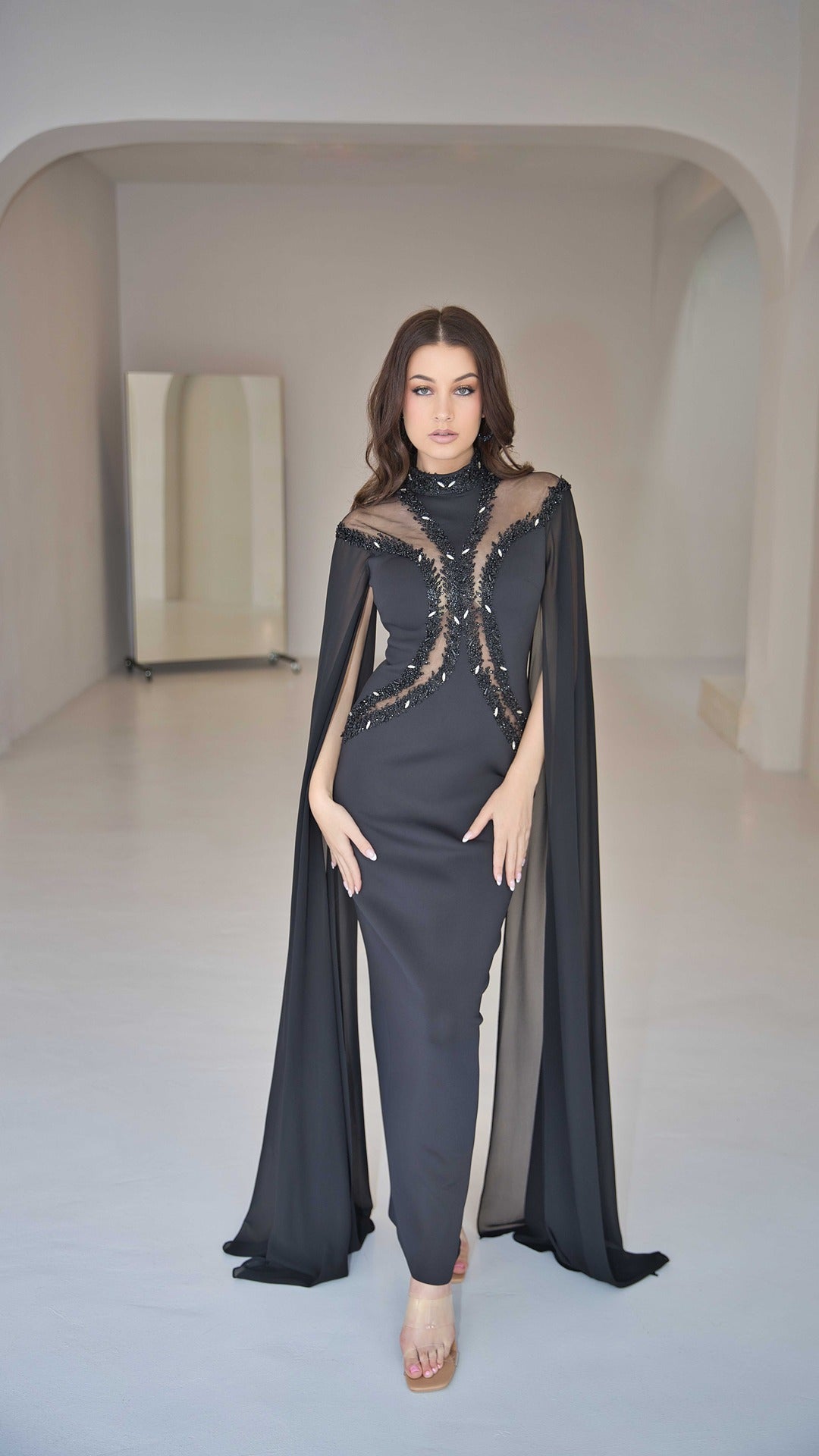 Exclusive Black Evening Dress with Cape Sleeves and Rhinestones.
