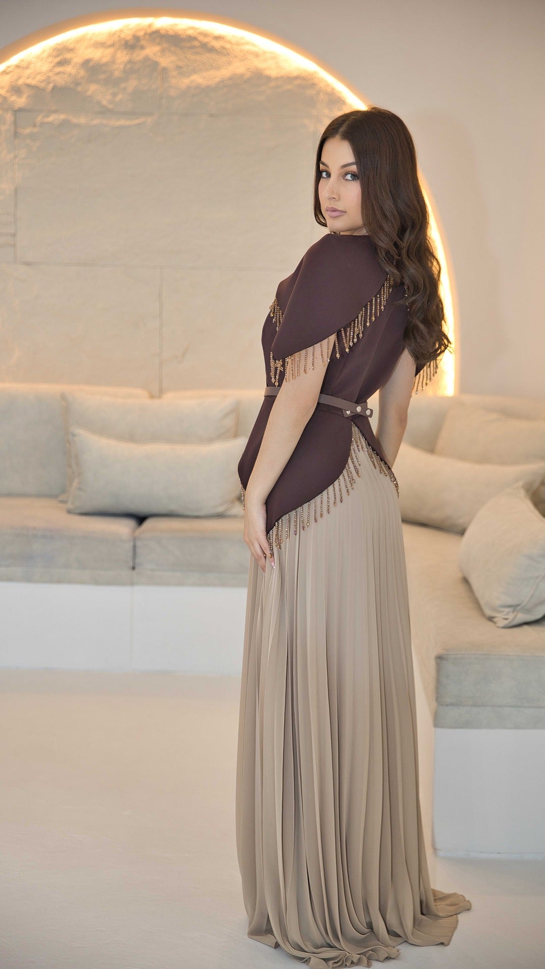 Exclusive Brown and Nude Dress with beaded tassles