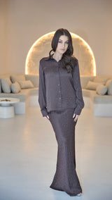 Brown Luxury Silk Satin Co-ord Set with Rhinestone Detail.