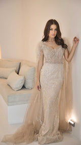 Exclusive Evening Gown with Feathered Shoulders & Cape Sleeves