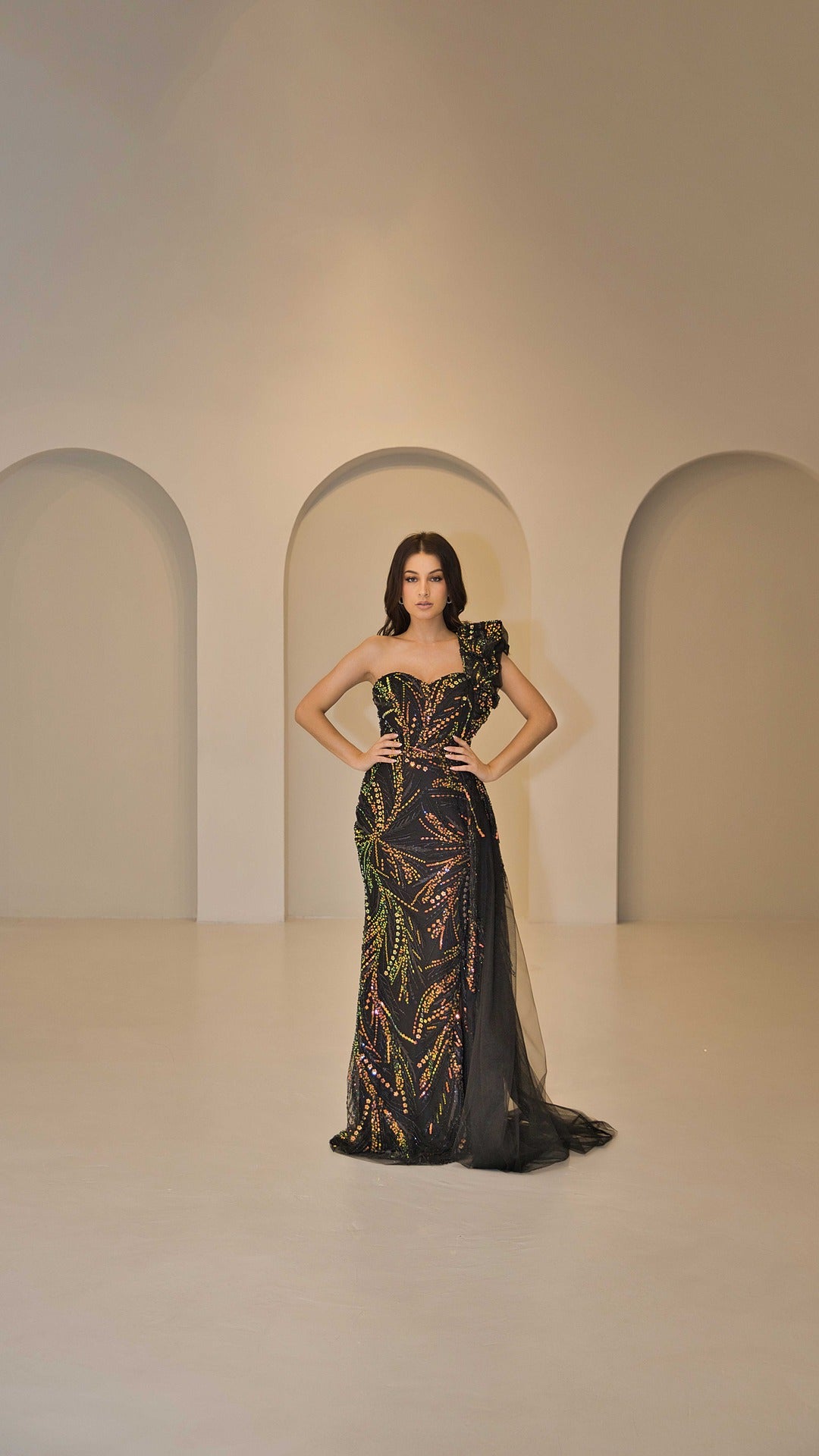 Exclusive Evening Dress with Multi-Colour Sequin Detail.
