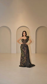 Exclusive Evening Dress with Multi-Colour Sequin Detail.