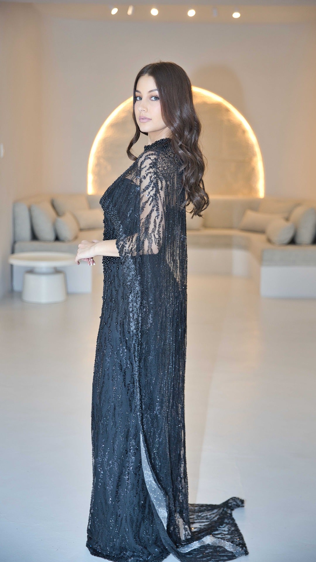 Exclusive Black Beaded Gown  with Cape Sleeves