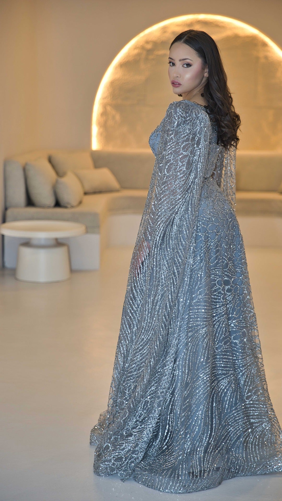 Grey Blue Cape Sleeve Evening Dress