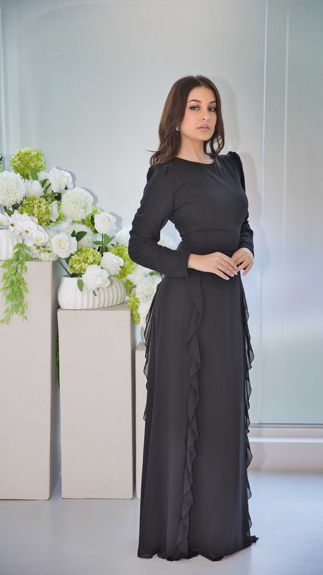 Luxury Black Soft Chiffon Dress with Ruffle Design