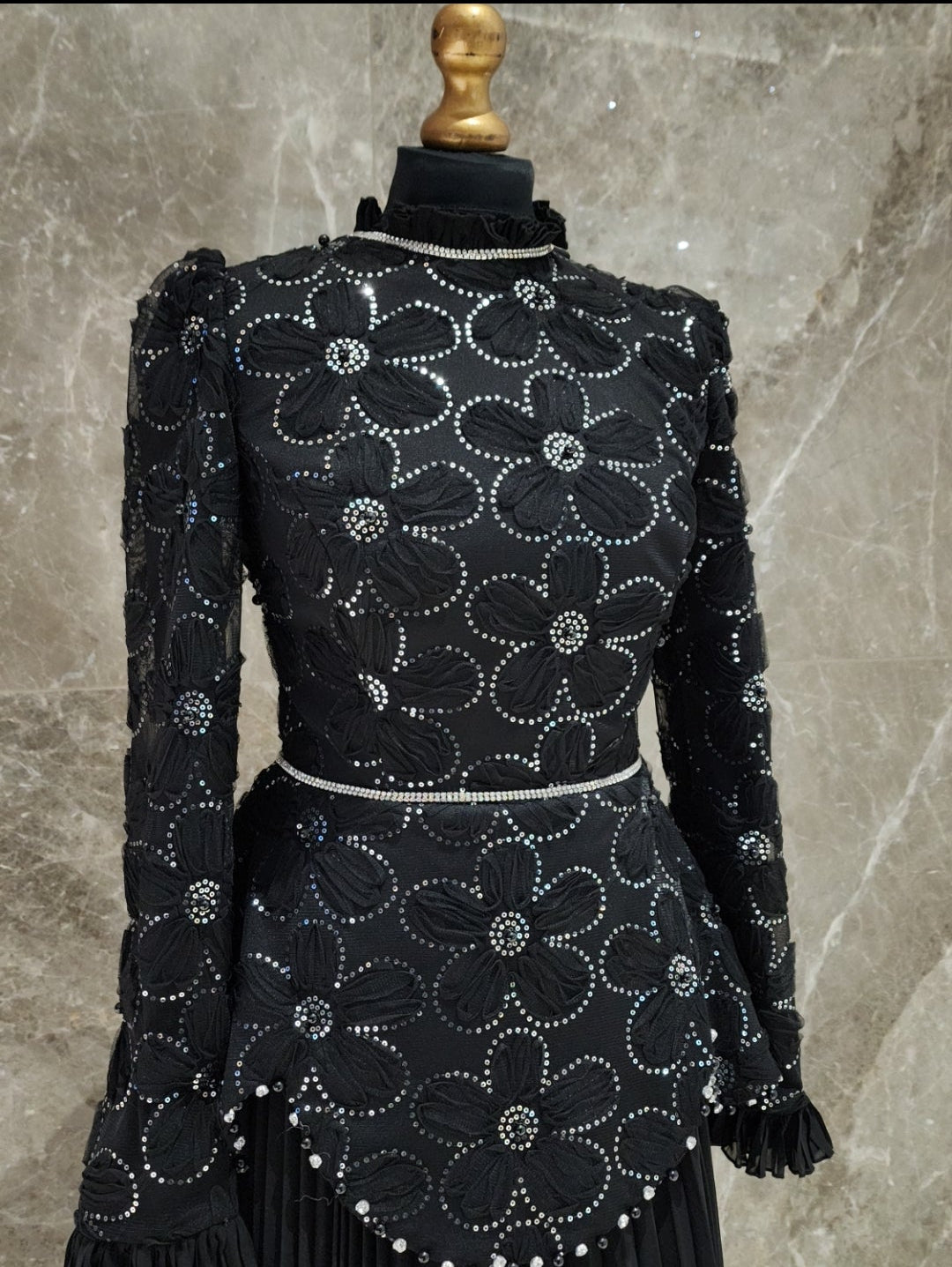 Exclusive Black Dress with floral Design & diamantè belt