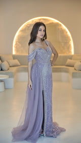 Lavender Haute Couture Designer Evening Gown with Hand-beadwork