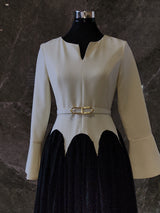 Exclusive Cream & Black Peplum Design Dress with Belt