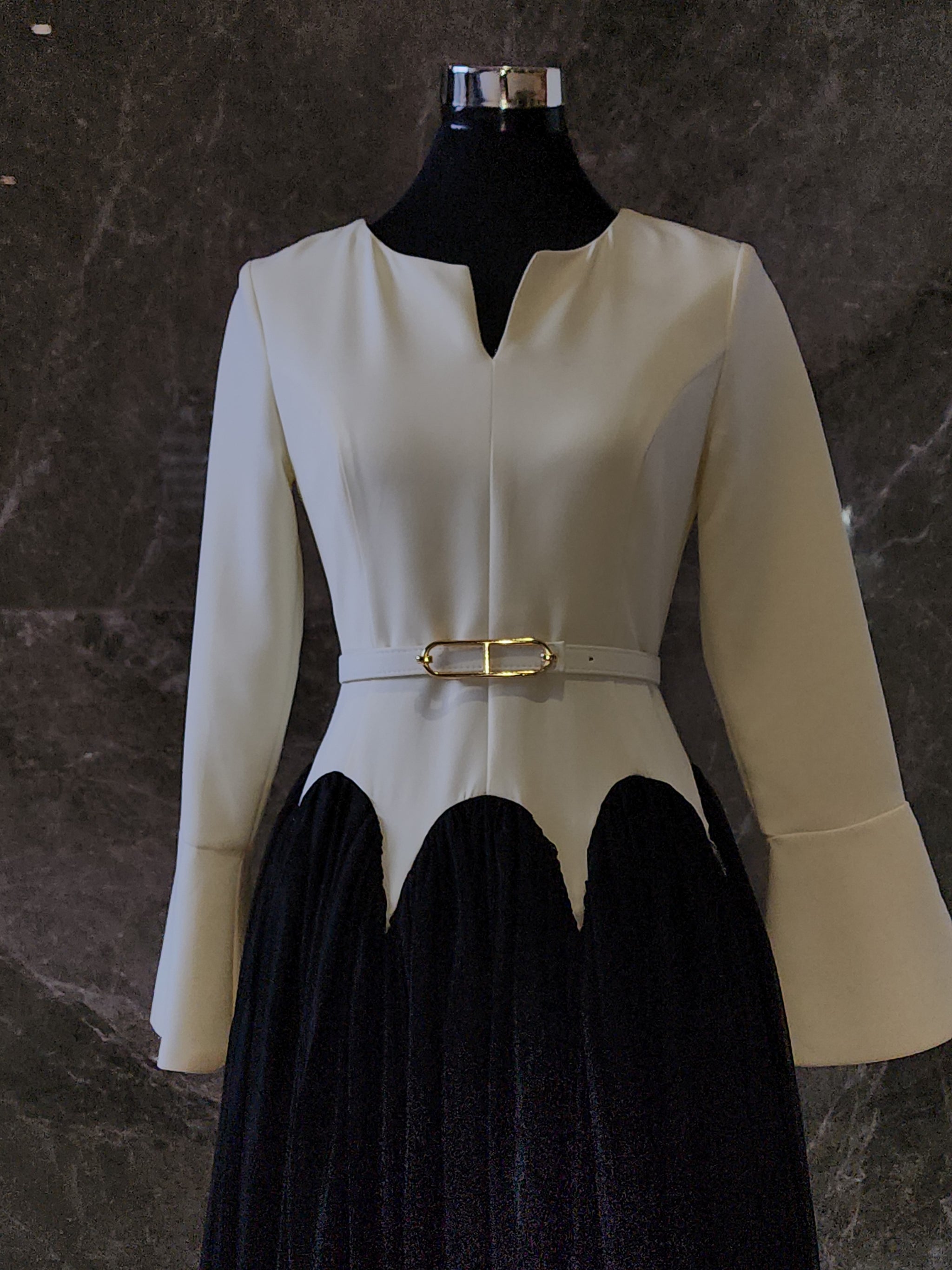 Exclusive Cream & Black Peplum Design Dress with Belt
