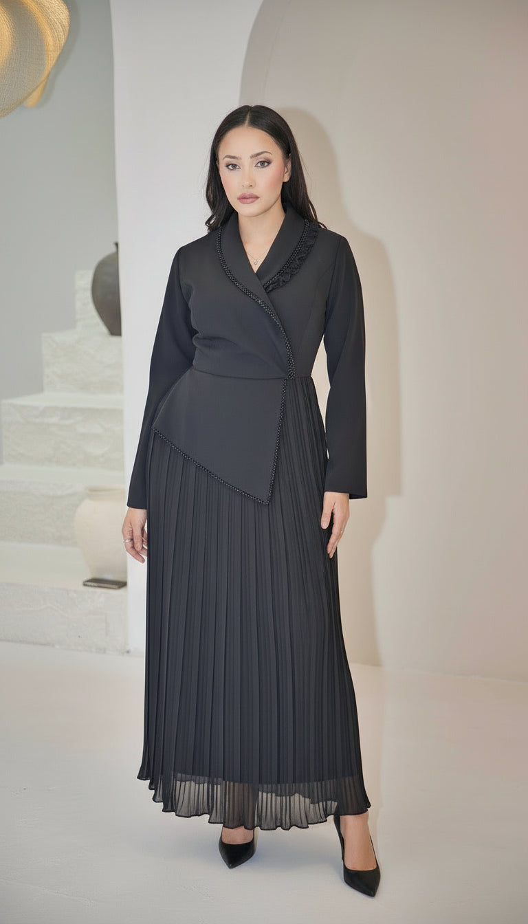 Exclusive Black Dress with Beaded Bodice and Frill Detail on Neckline