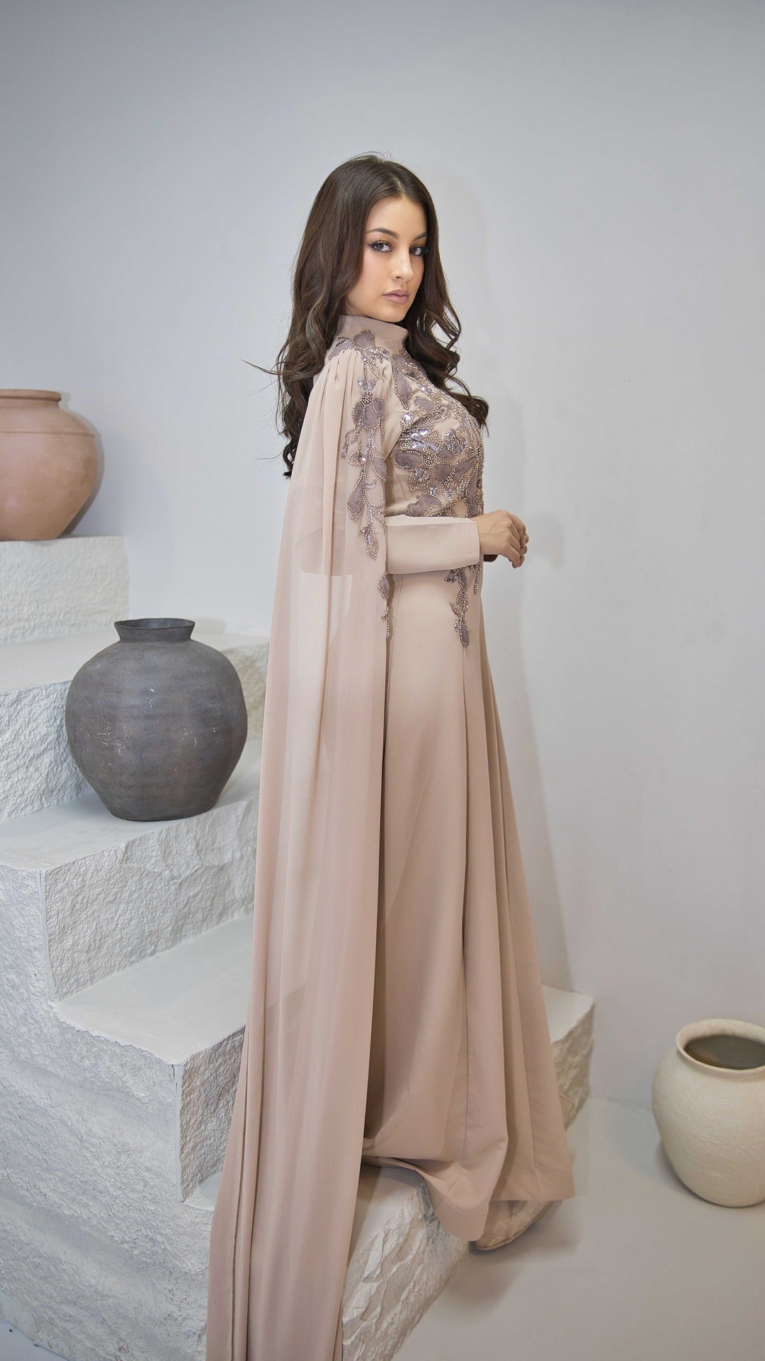 Exclusive Beaded Appliquè Dress with one shoulder Cape Sleeve