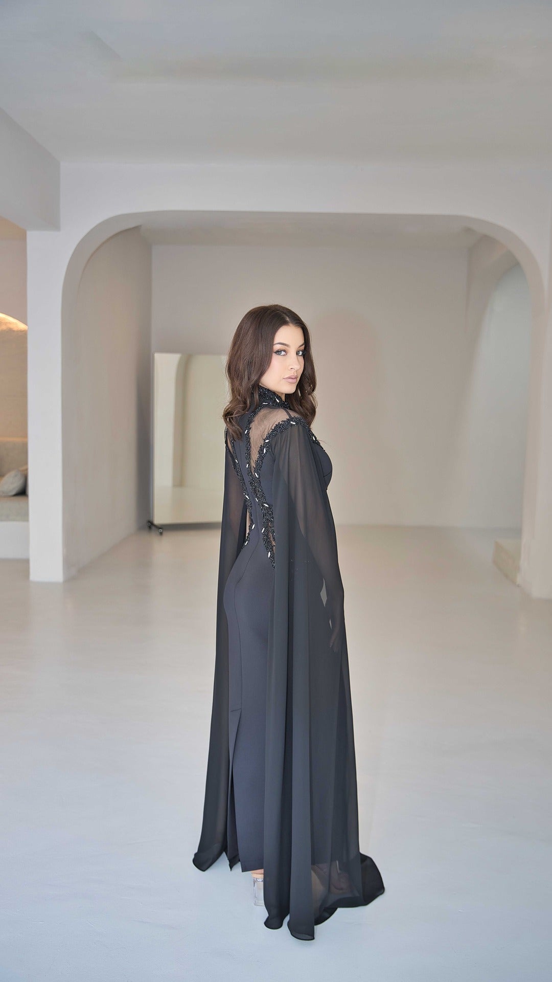Exclusive Black Evening Dress with Cape Sleeves and Rhinestones.