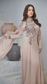 Exclusive Beaded Appliquè Dress with one shoulder Cape Sleeve