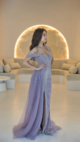 Lavender Haute Couture Designer Evening Gown with Hand-beadwork