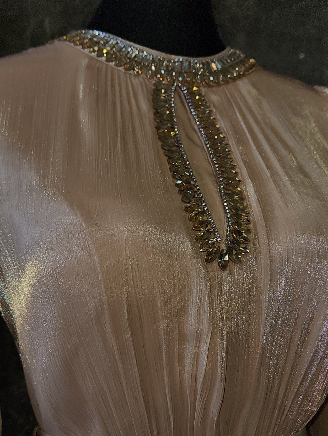 Exclusive Champagne Liquid Chiffon dress with Jewel Detail on Neckline
